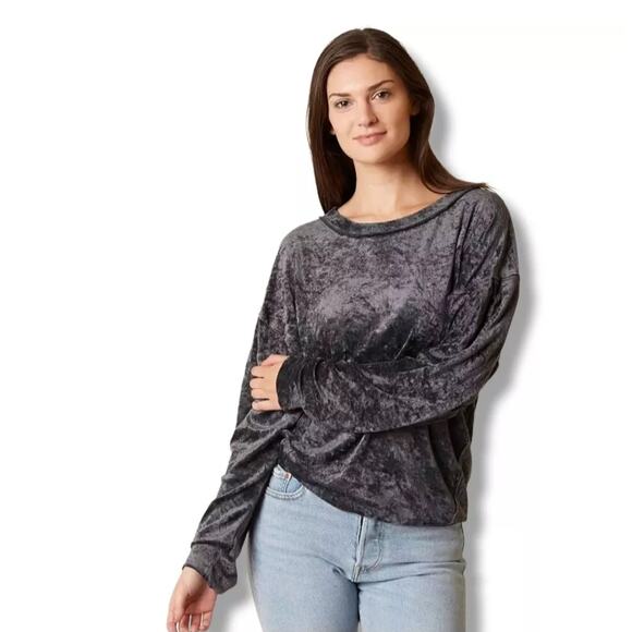 We The Free People Milan Crushed Velvet Pullover Sweatshirt top, Blue-Gr… - Picture 1 of 14